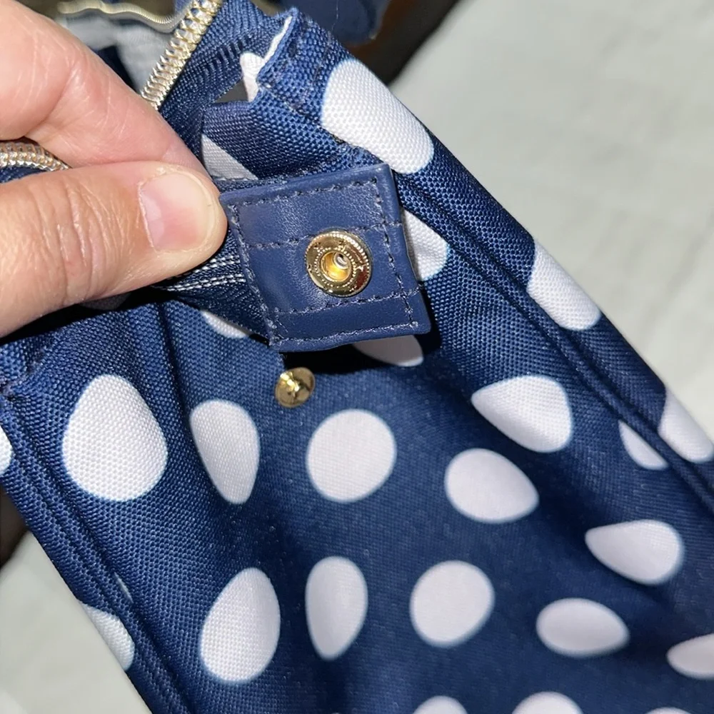 kate spade Navy White Jumbo Polka Dot Gold Tone Zip Lunch Bag NWT